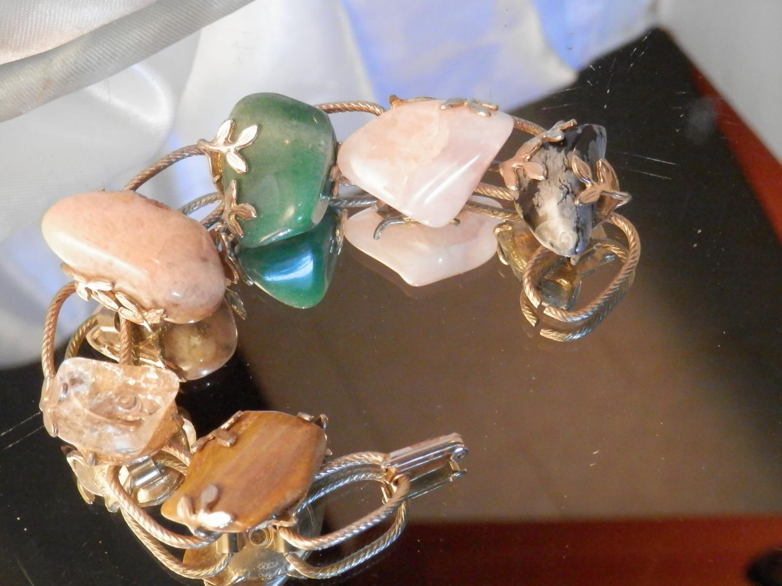 WOW Chunky Vintage 50’s Gorgeous Jade Pink Quartz Jasper Tiger Eye Bracelet 10N4