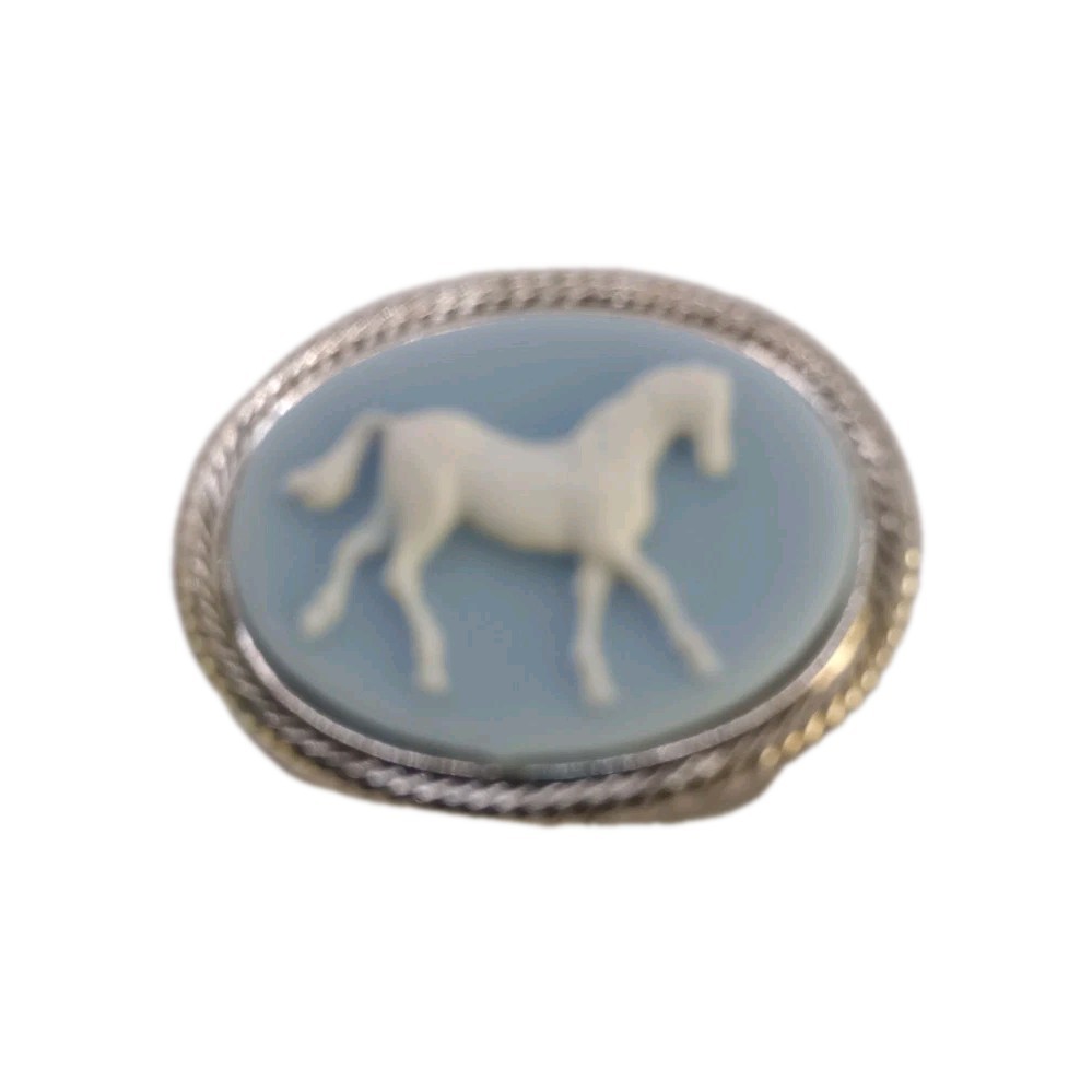 Vintage Blue Cameo Horse Brooch Silver Tone Equestrian Jewelry 1 1/4 in By 1 in