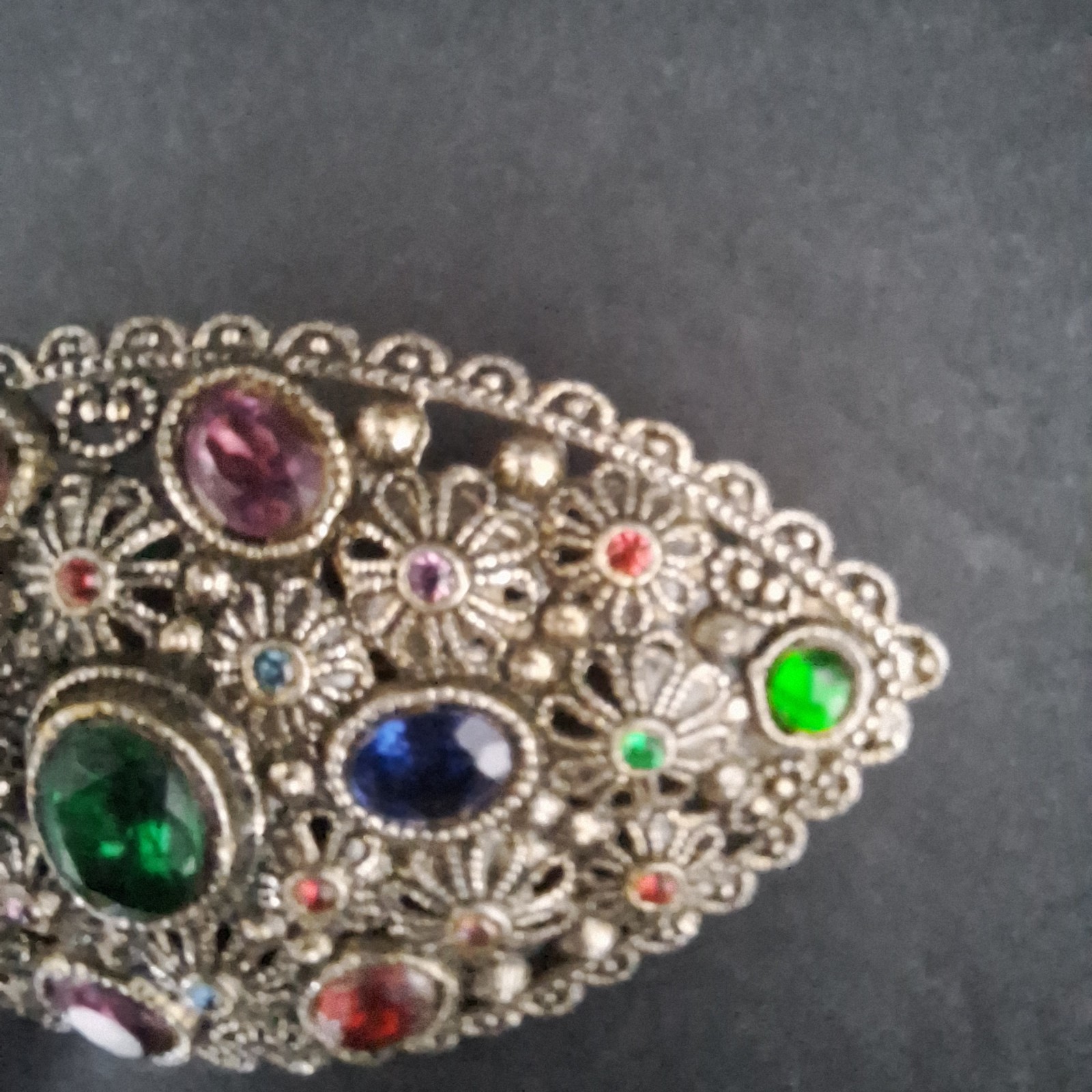 New England Glass Works Brooch Silver Tone Floral Filigree Czech Rhinestones VTG
