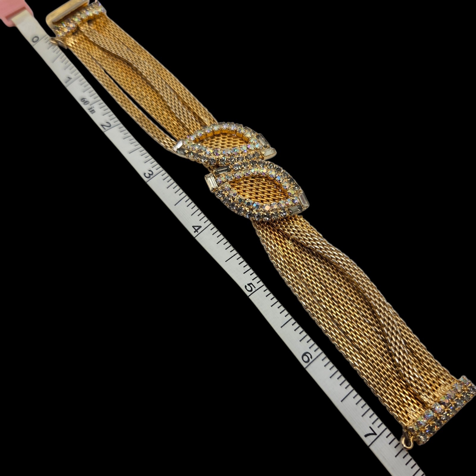 Vintage Hobé Gold Mesh Rhinestone Bracelet 7.25 In. Safety Chain – Signed