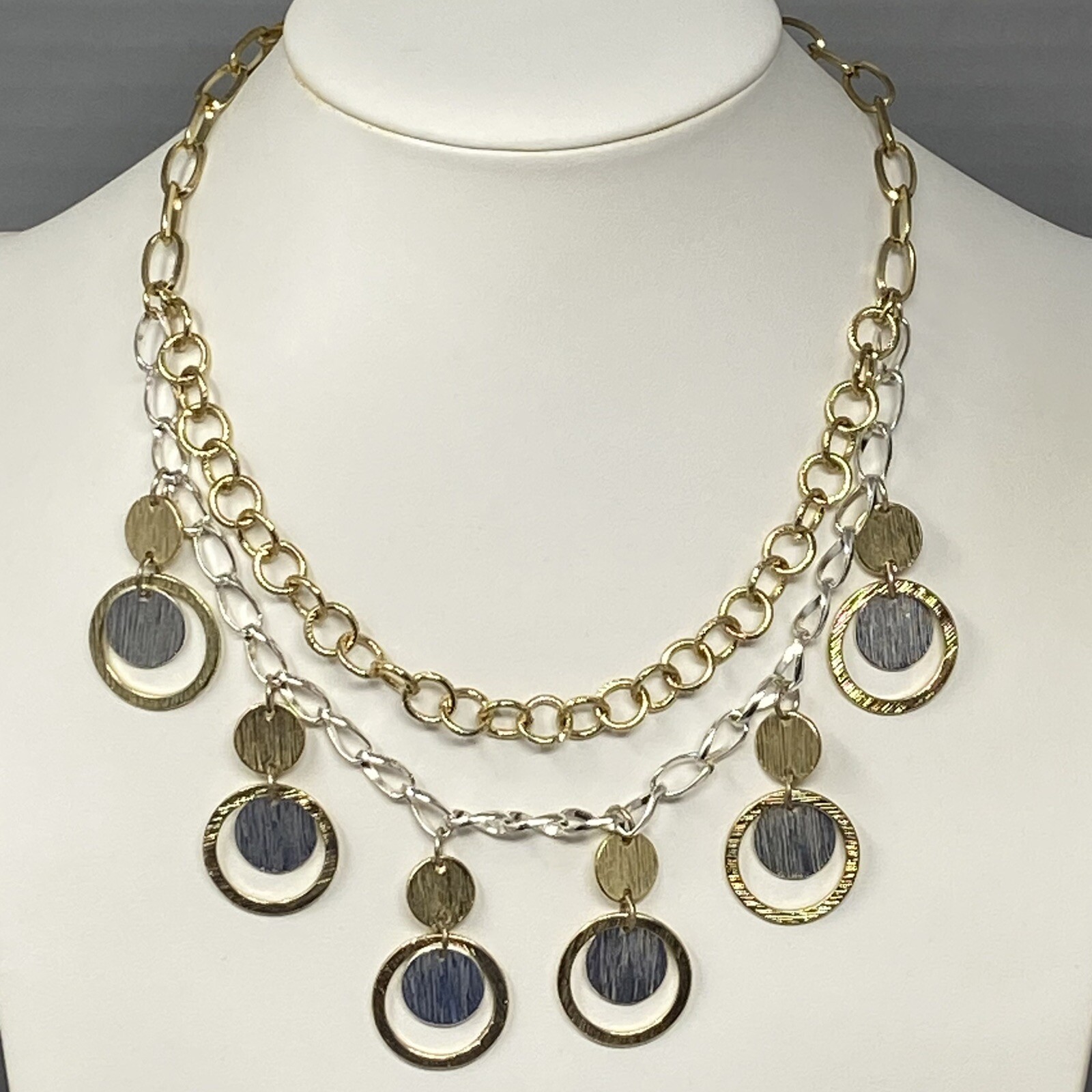 Fringe Disc Necklace Two Tone Gold Silver Layered Brushed Chain Collar Bib 18″