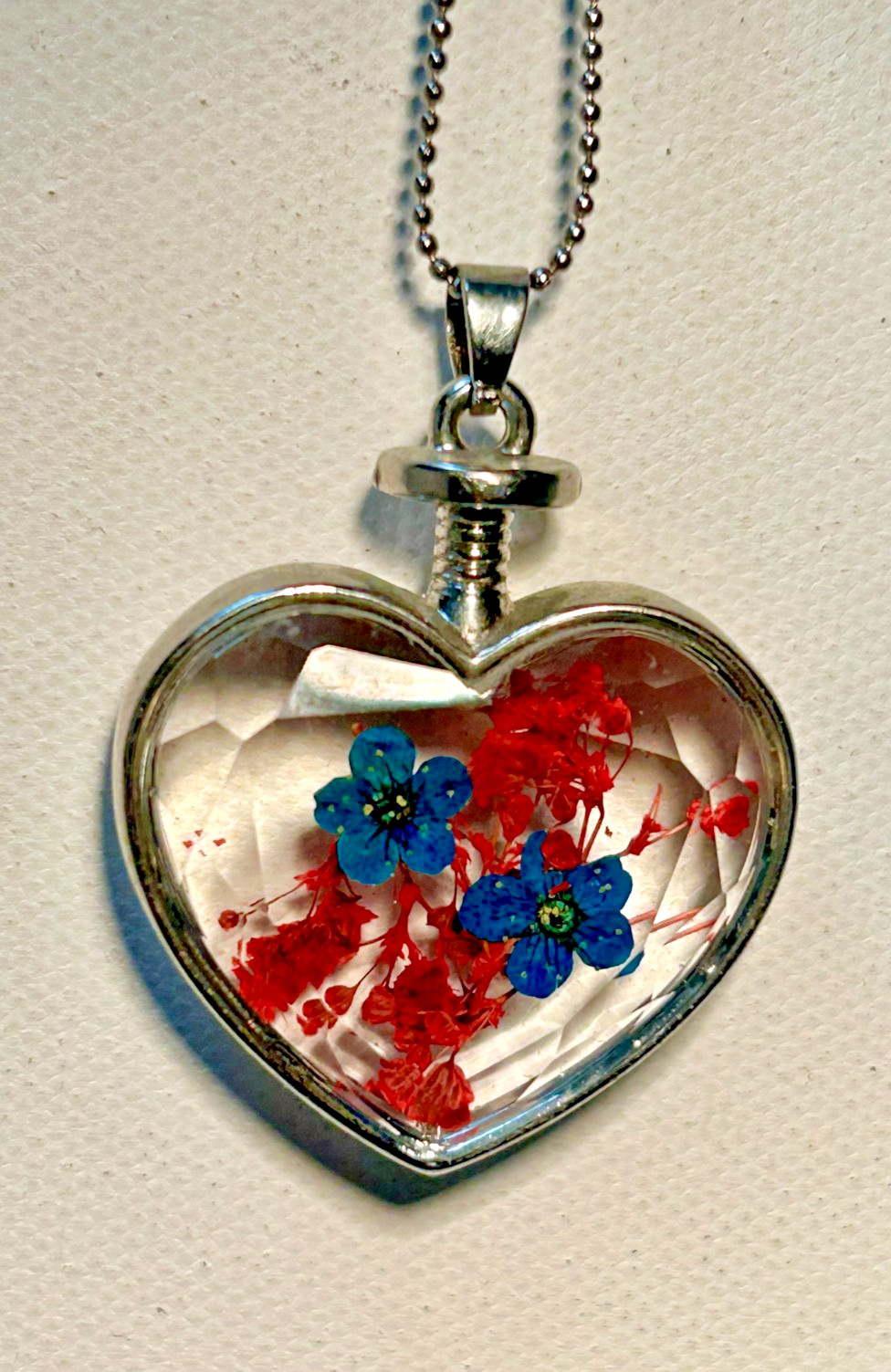 Vintage Heart Pendant Necklace Blue and Red Pressed Flowers