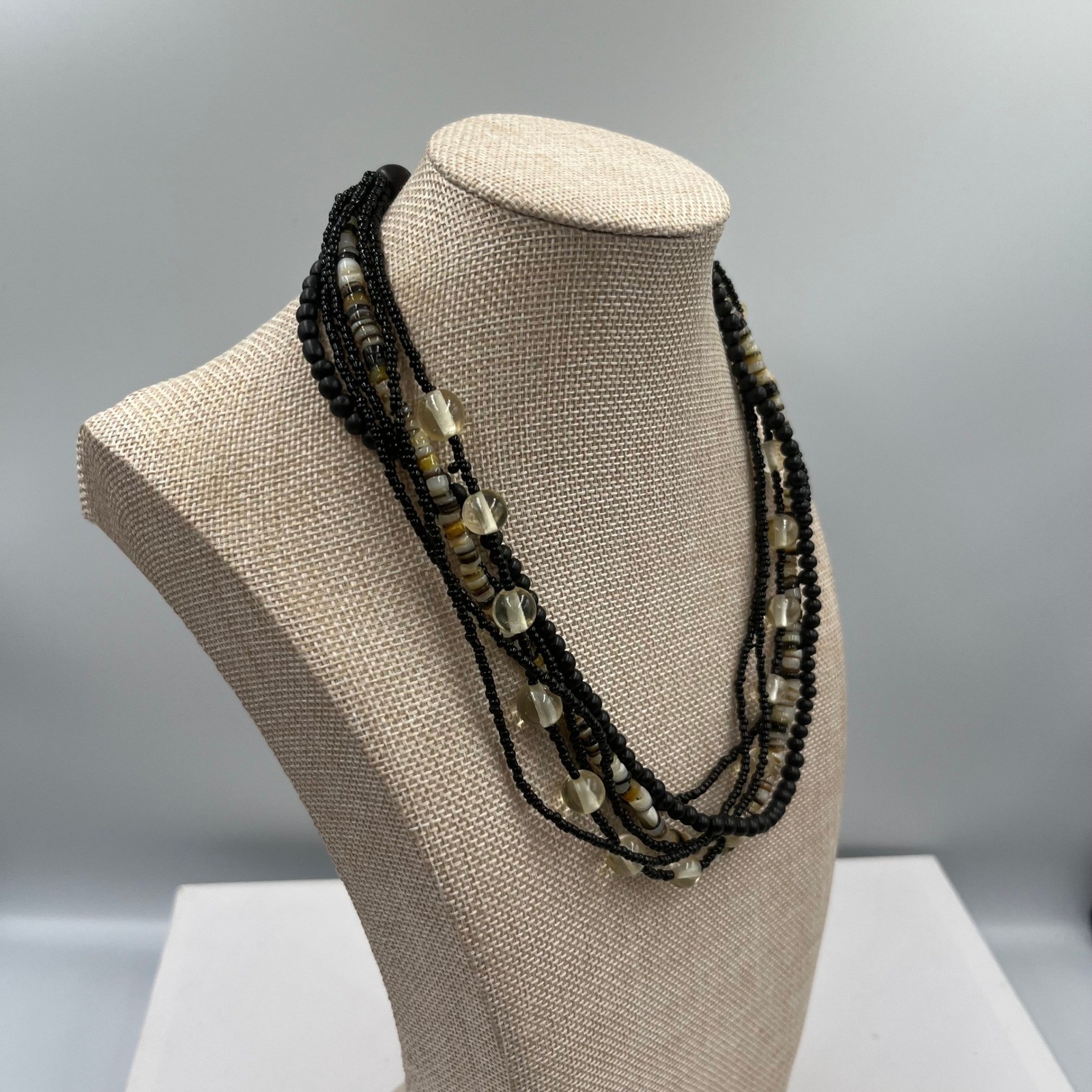 VTG Multi Strand Black Beaded Necklace Layered Shell Glass Mixed Media Statement