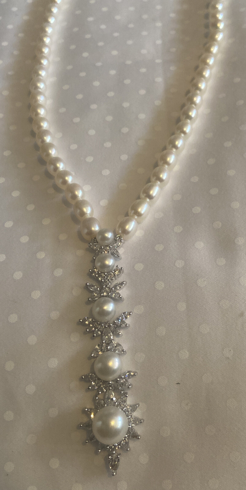 White Pearl Necklace With Cz Drop CGI CN STRAND Necklace 16″ 3 Extender