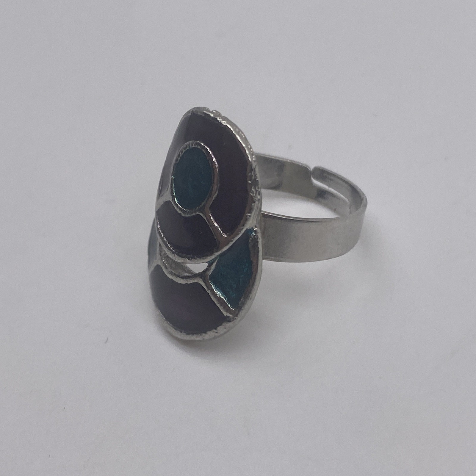 Silver Tone Purple Blue Enamel Ring Size 7