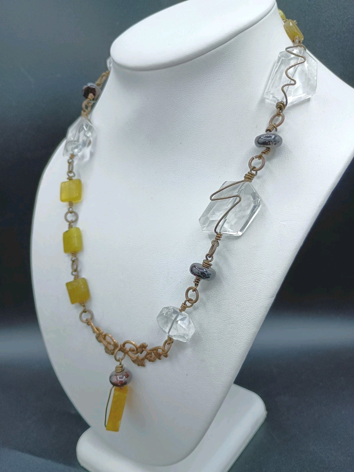 Gem Stone Necklace Copper Wire Wrap Fat Quartz Yellow Rock Floral Artisan
