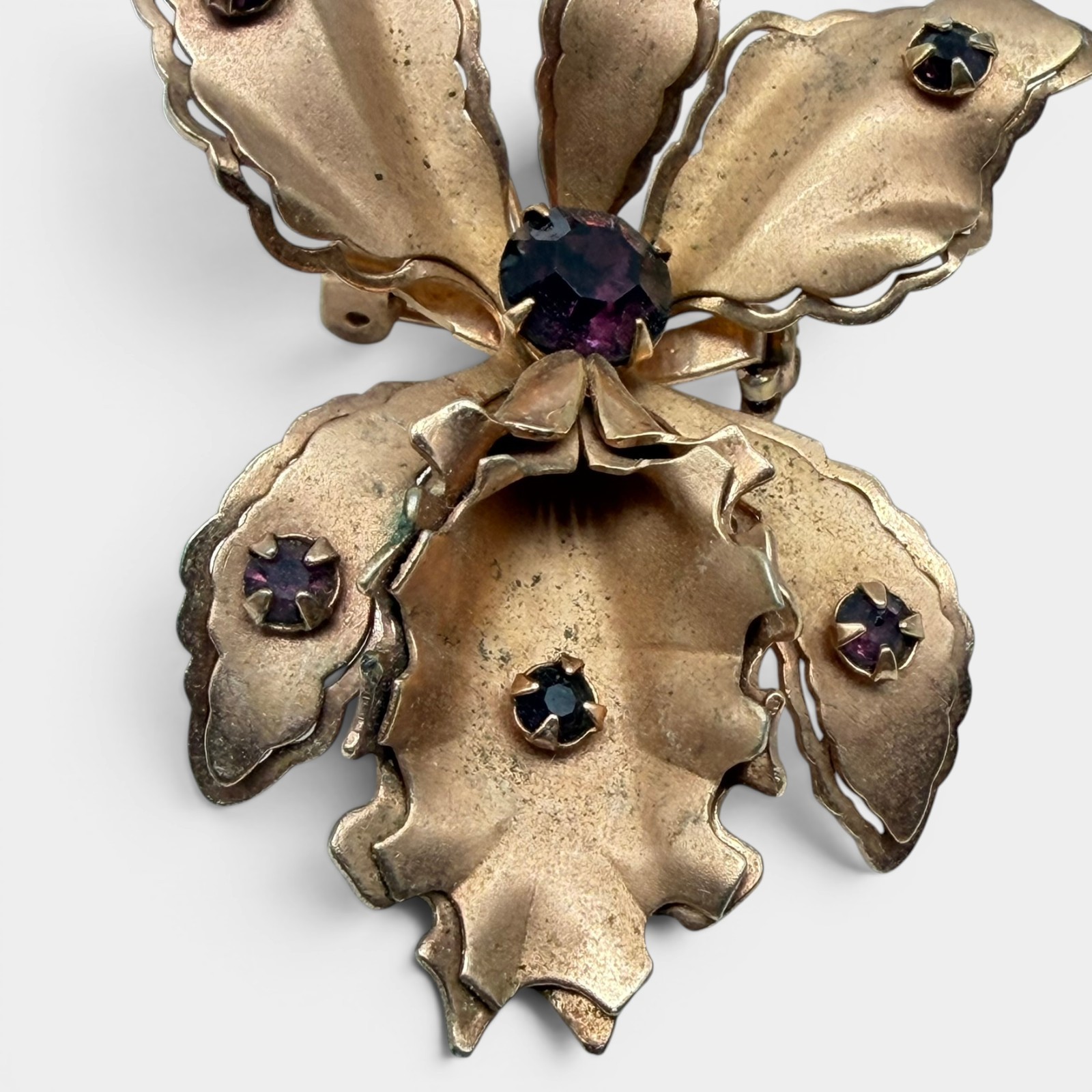 Vintage Orchid Flower Brooch Pendant Purple Rhinestones Gold Tone Floral Pin 2″