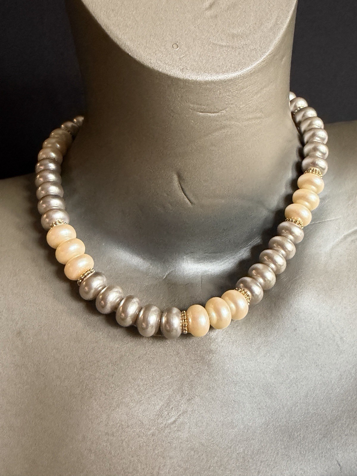 Monet Signed Vintage Faux Pearl Necklace Oval Baroque Gold Spacers 16.5 in