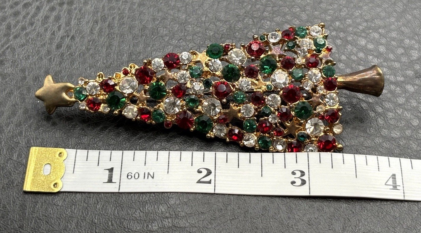 Vintage Large Gold Tone Christmas Tree Brooch Red Green Clear Rhinestone Pin