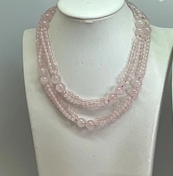 Vintage Rose Quartz Beaded PinkNecklace 28” Polished Round & Faceted Beads