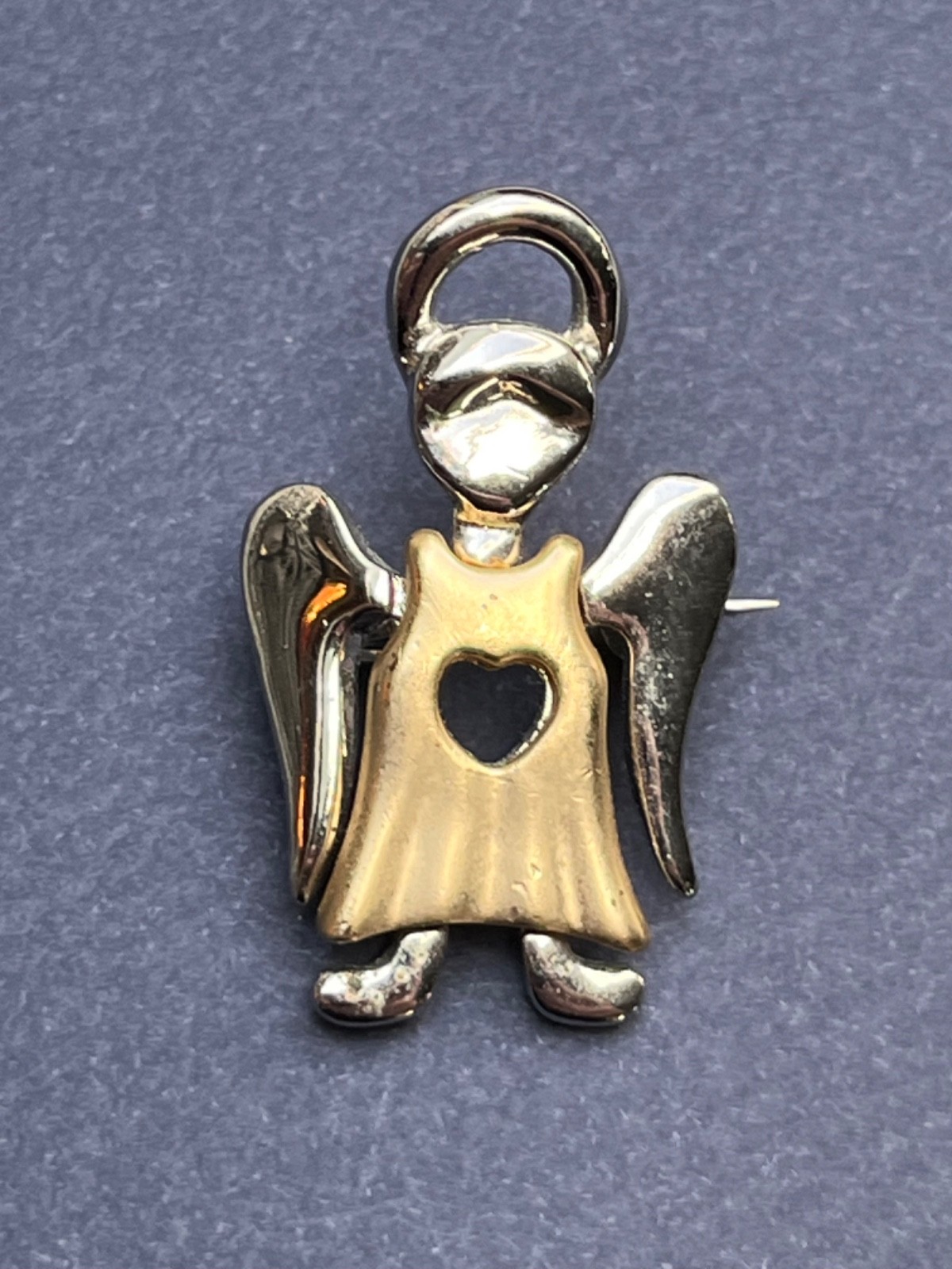 Angel Brooch Gold & Silver Tone ~ 1980s Guardian Angel Pin with Heart Cutout