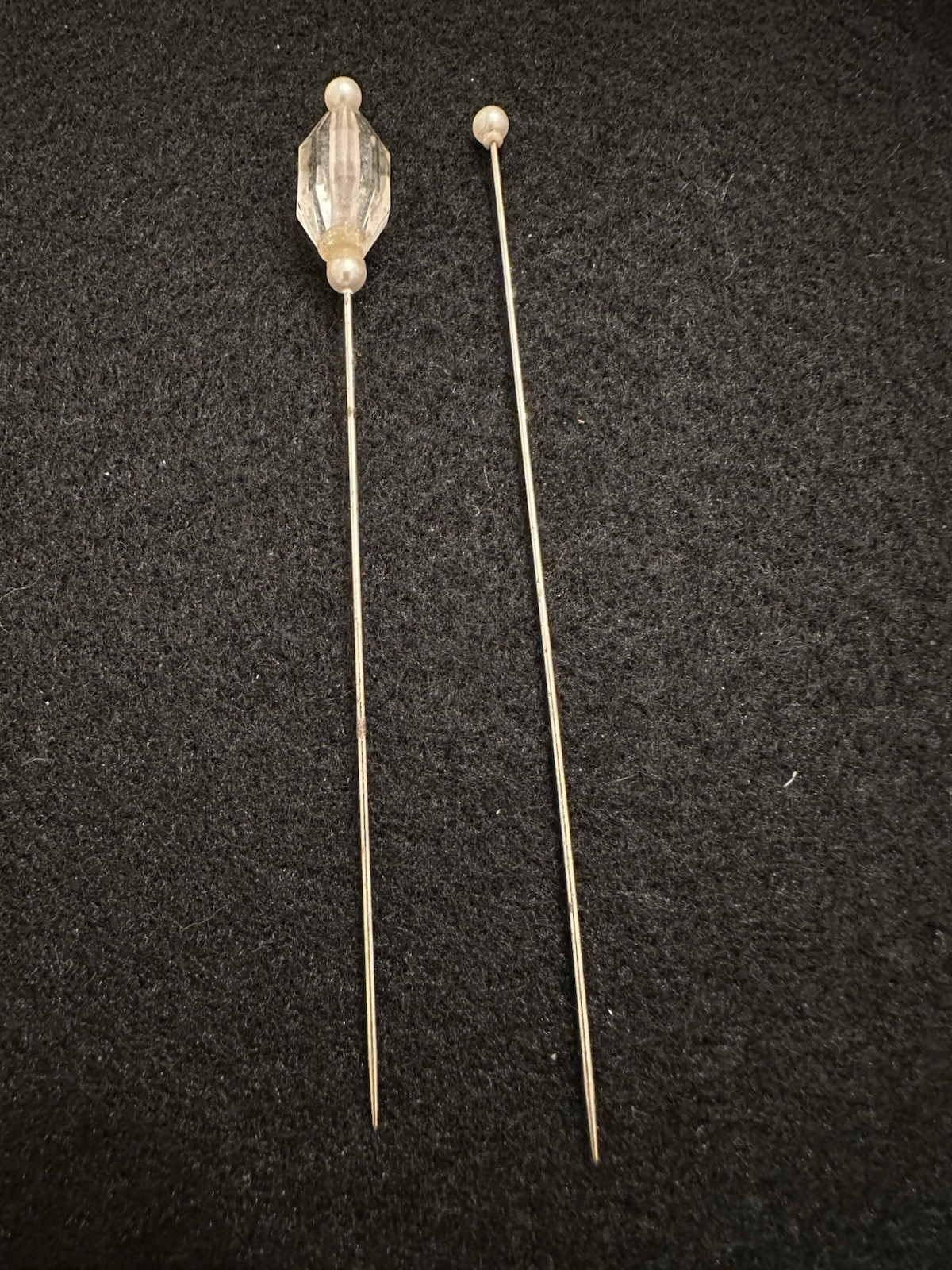Vintage Stick Pins Lot Of 2 Faceted Acrylic Stone Faux Pearl Silver Tone 4 Inch