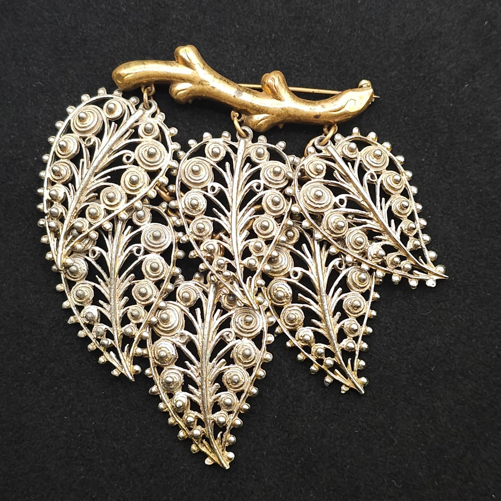 Vintage Filigree Dangle Leaf Brooch Statement Nature Gold & Silver Tone Ornate