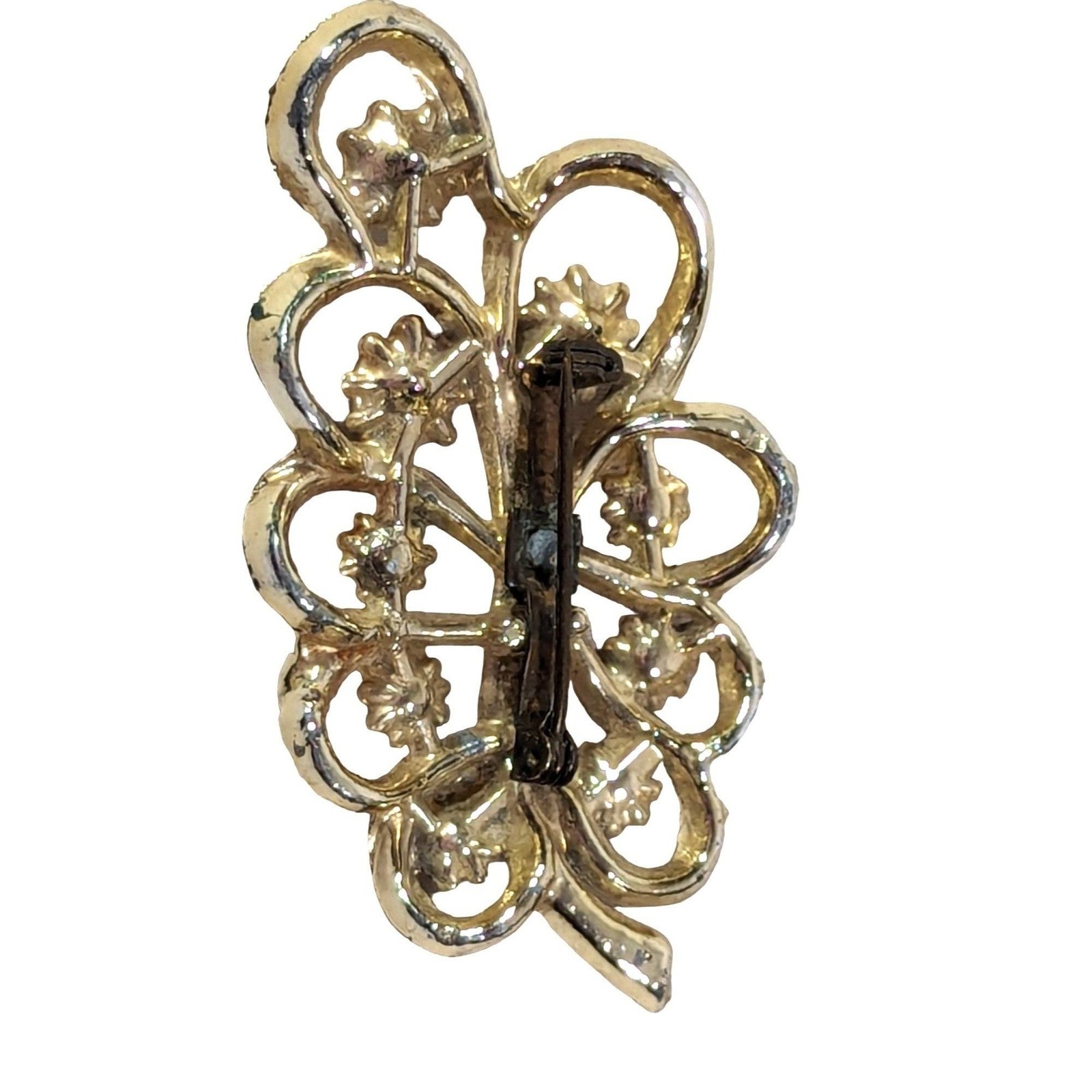 Gold Tone Swirl Leaf Brooch Pin Vintage 1960s Clear Rhinestones 2″ x 1.5″ Gift
