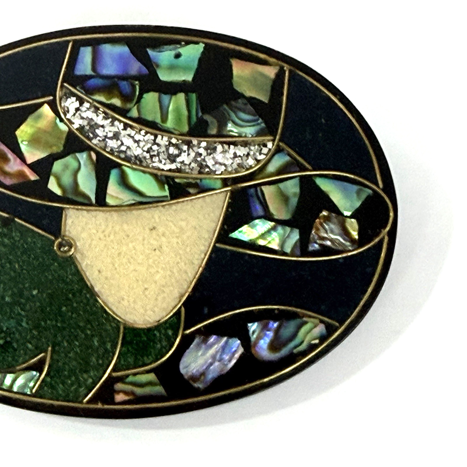 Vintage Paua Shell Brooch Earring Set Abalone Inlay Black Resin Art Deco Gatsby