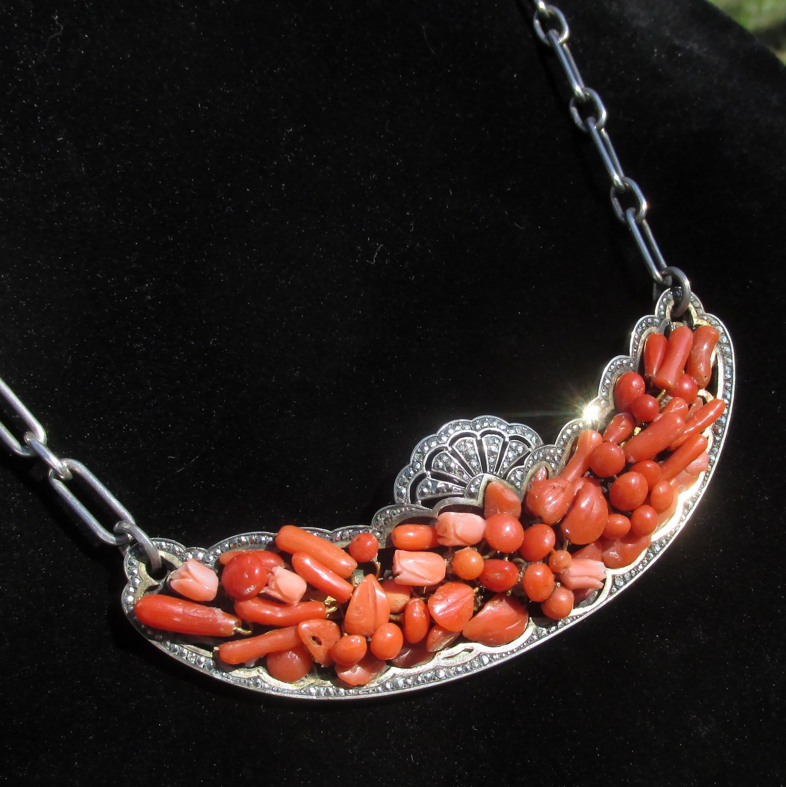 Antique Natural Coral, Marcasite and Sterling Silver Necklace Victorian 1890s