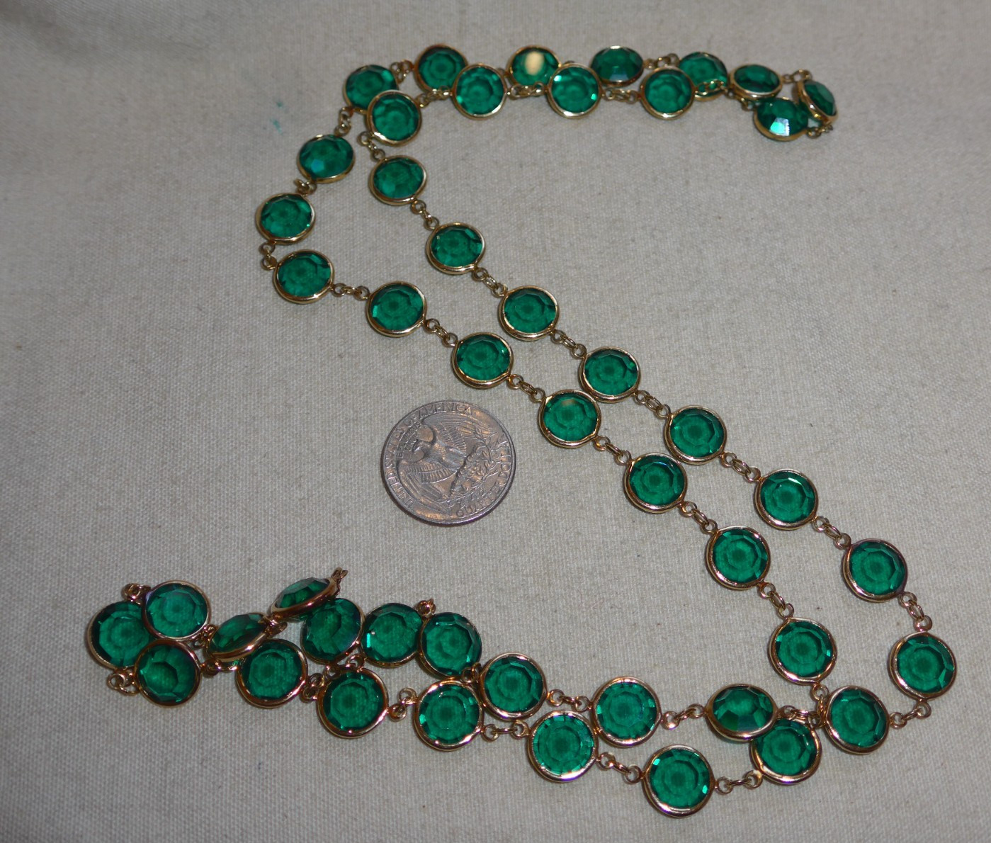 Vintage Swarovski Crystal Necklace 11mm Gold Tone Bezel Set Dark Green 35″
