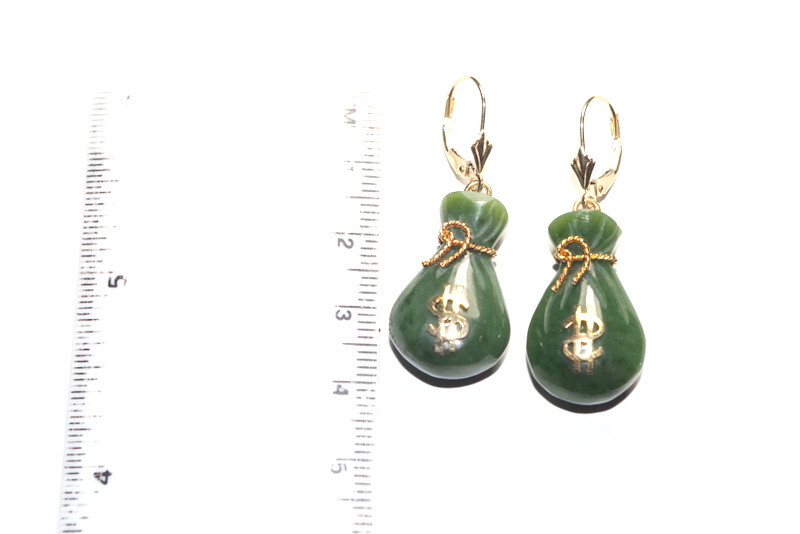 14K Exquisite Carved Jade bag of money Lucky Stone Lever back Earrings