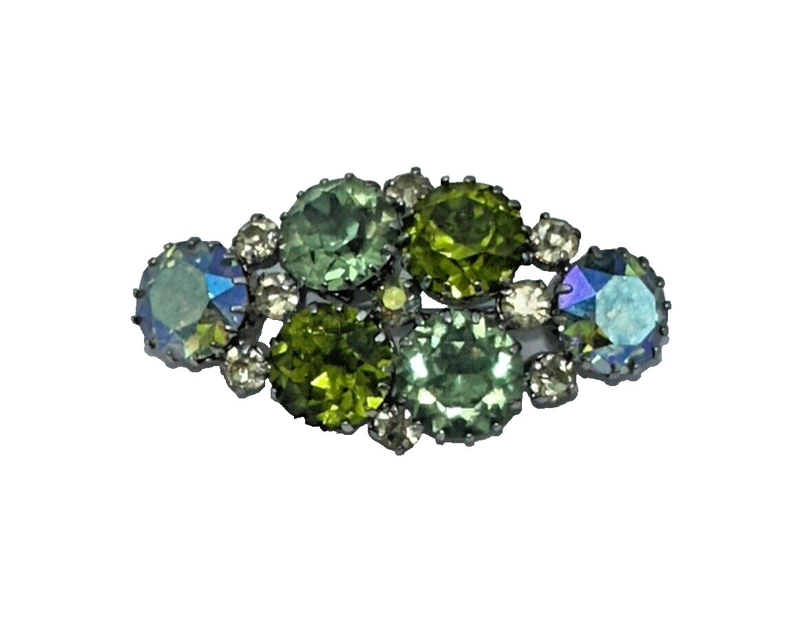 Vintage Austrian Rhinestone Brooch Faceted AB Green White Crystal Cluster Pin