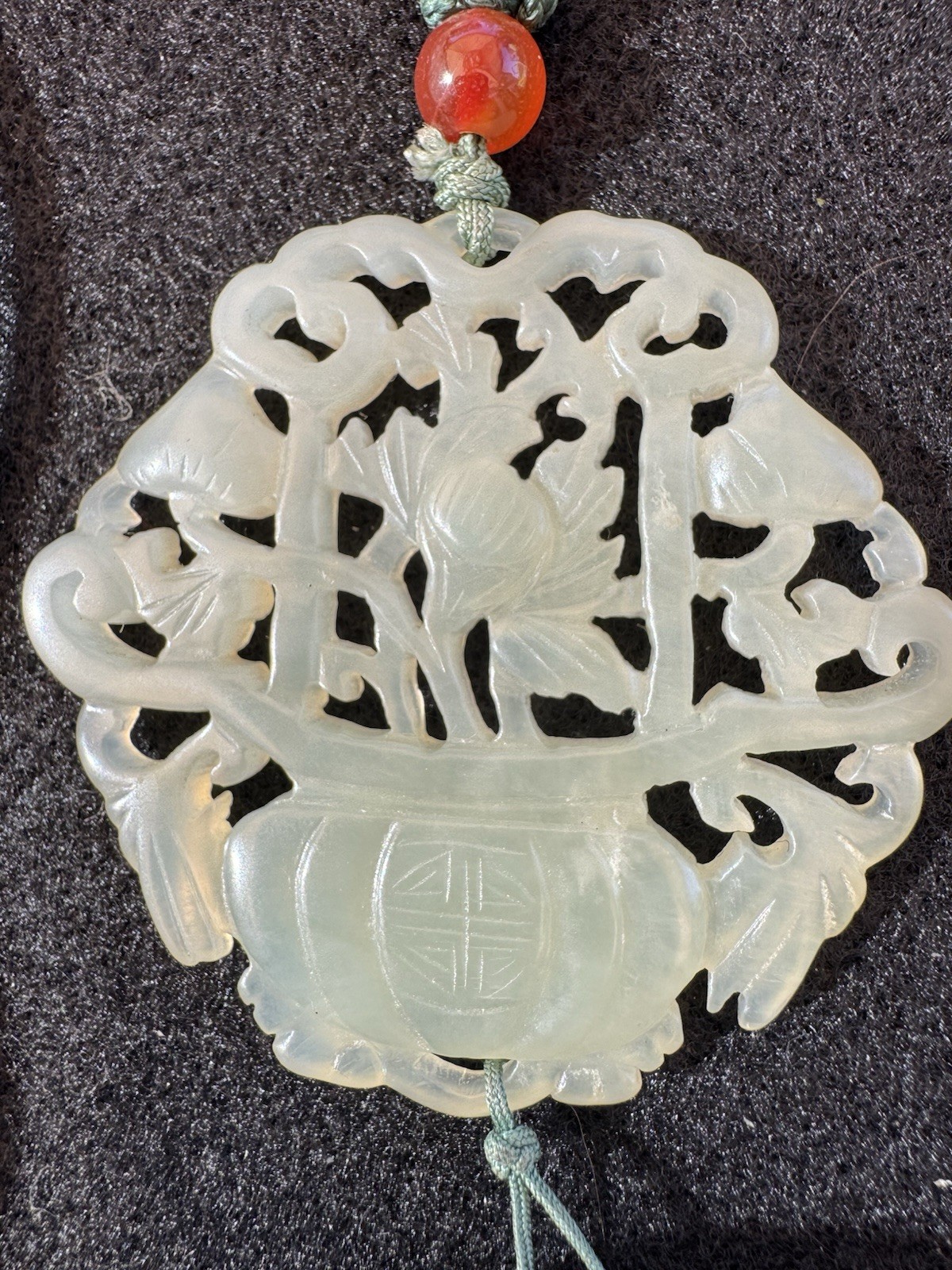 Vintage Carved Jade Flower Pot Necklace Bowenite