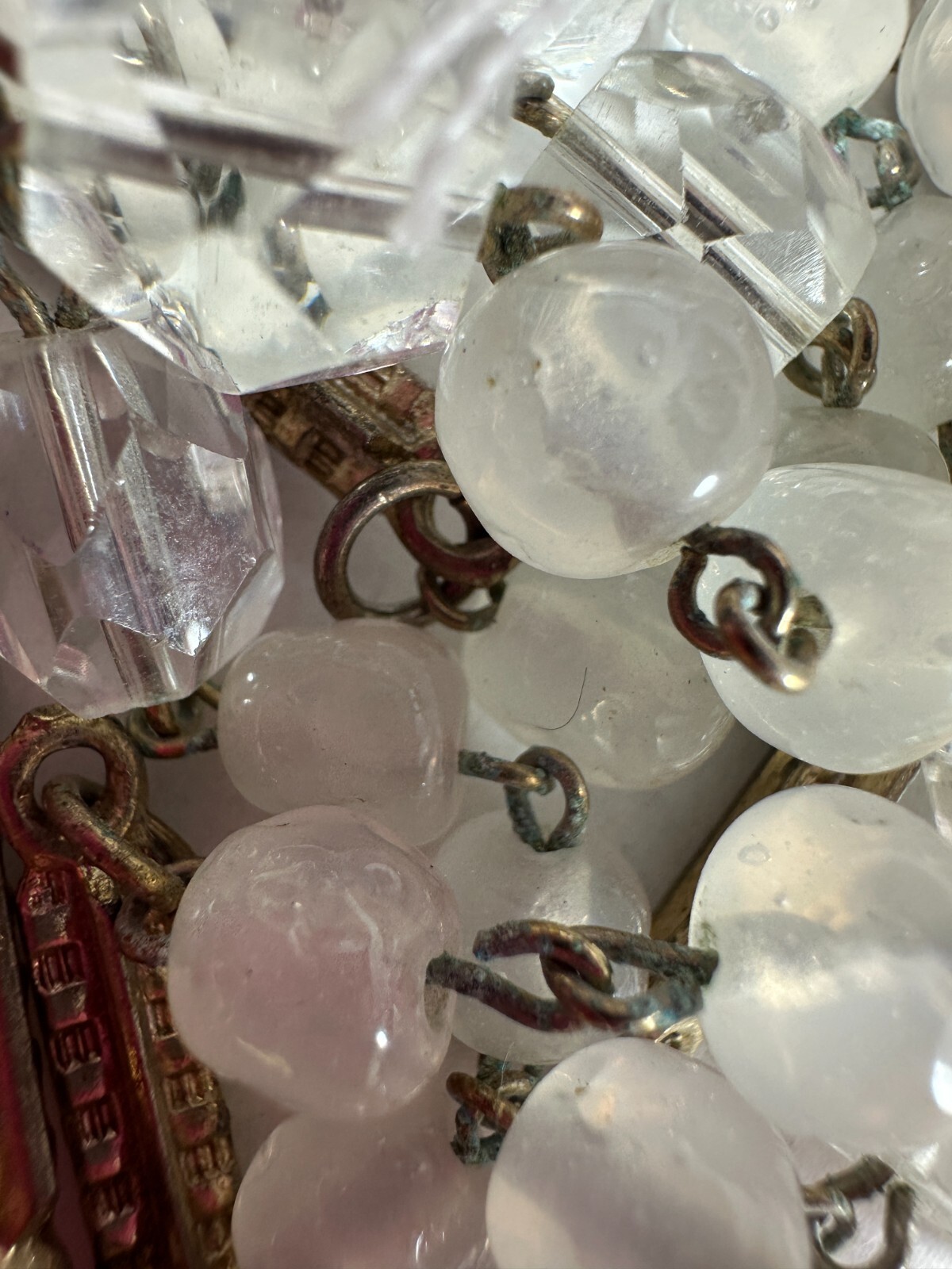 Vintage Necklace Glass Bead Station Bar Link Clear Milky Heavy Some Wear