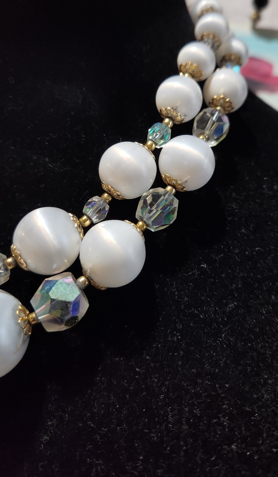 Vintage classic mid-century double-strand necklace acrylic and AB glass Japan