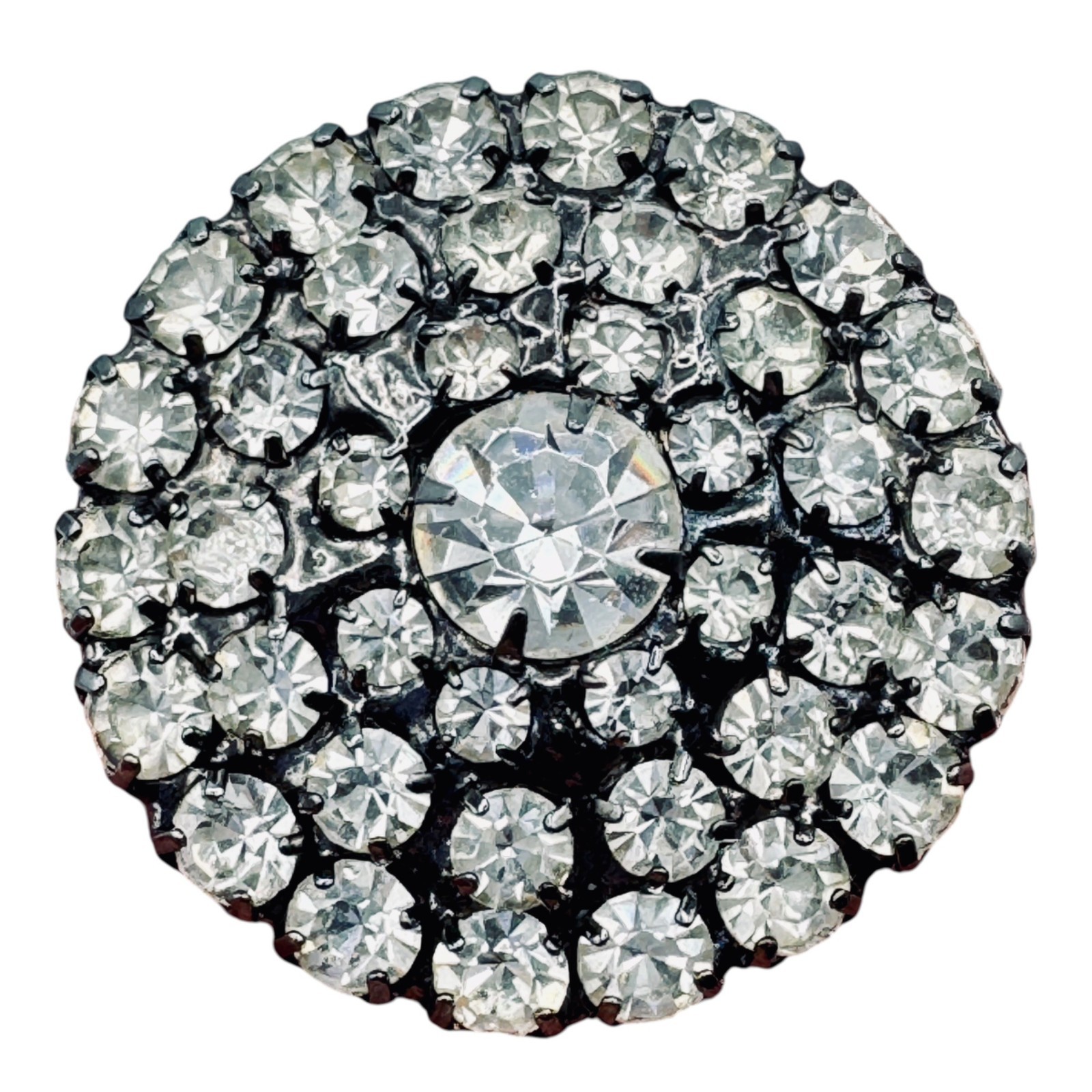Vintage Rhinestone Brooch Japanned 1940s Dome Cluster Clear Prong Set Retro Glam