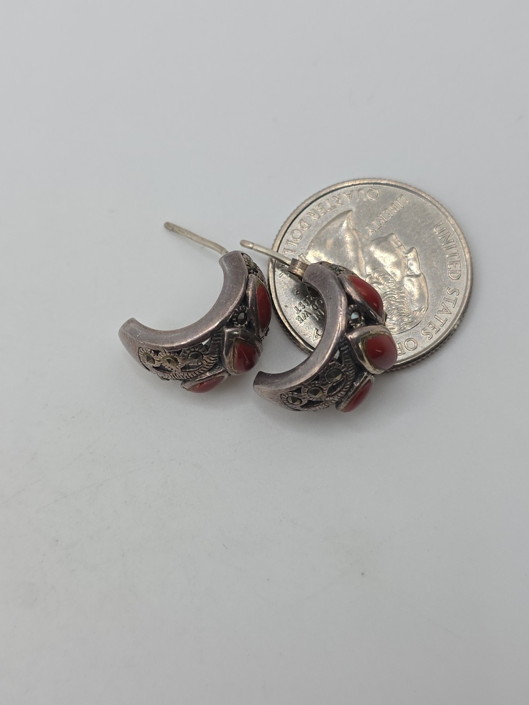 Vintage Sterling Silver 925 Red Coral Marcasite Curved Earrings 10g
