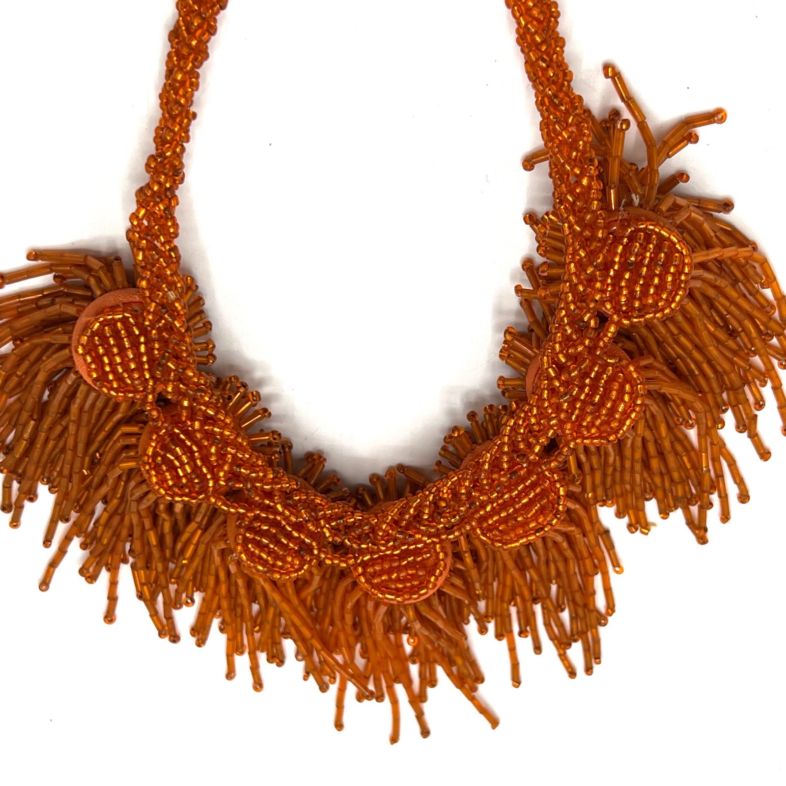 Vintage Orange Glass Beaded Fringe Necklace – Pom Pom Bib Statement Necklace