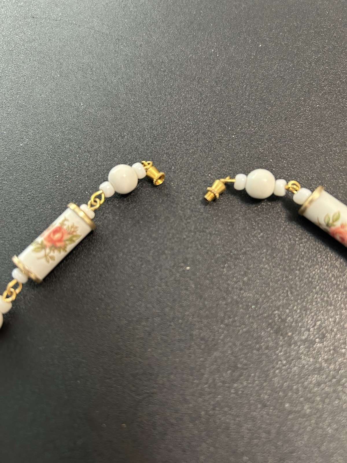 Vintage Porcelain Necklace with A Gold-tone Finish and Floral Accents. See Pics