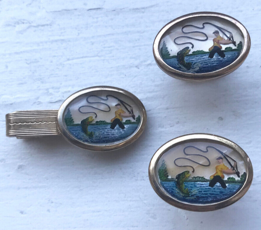 VINTAGE MARVEL FLY FISHERMAN RAINBOW TROUT SCENE TIE CLIP & CUFF LINKS