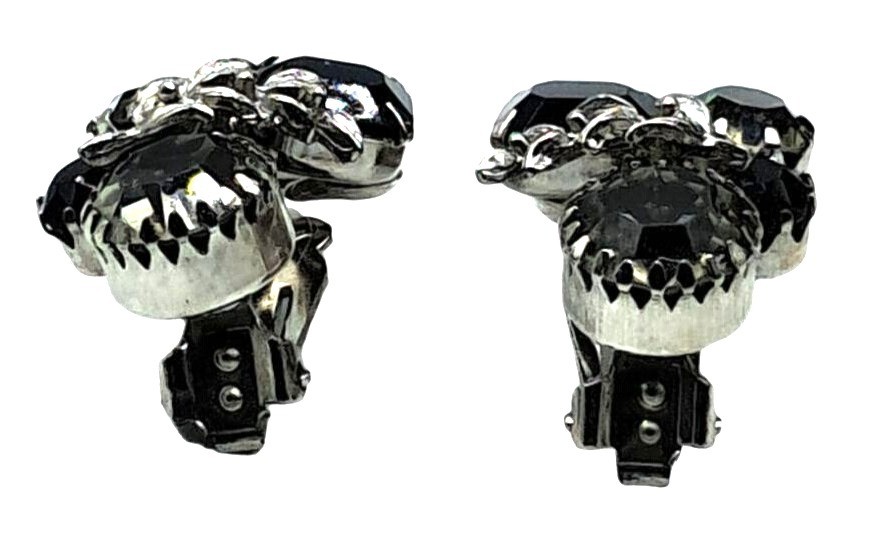 Vintage Rhinestone Brooch Earrings Set Black Clear Rhinestones Jewelry