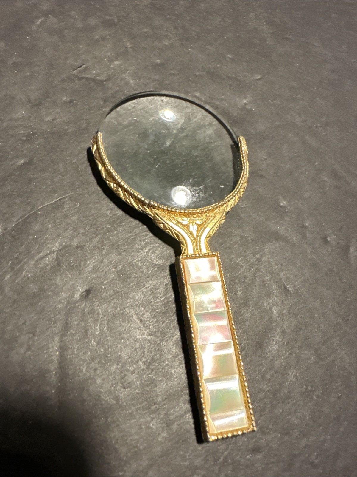 Art Deco Ornate Gold Mother of Pearl Magnifying Glass Circa 1920’s Measures 4#M4