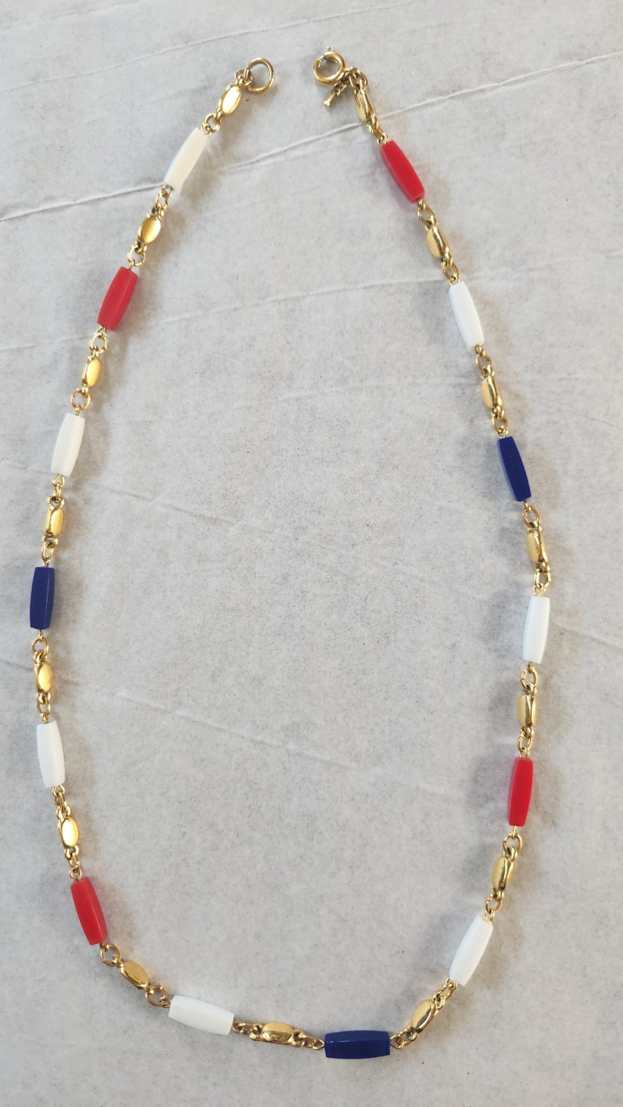 Trifari Necklace Clip On Earrings gold-tone Red, White & Blue Plastic Beads