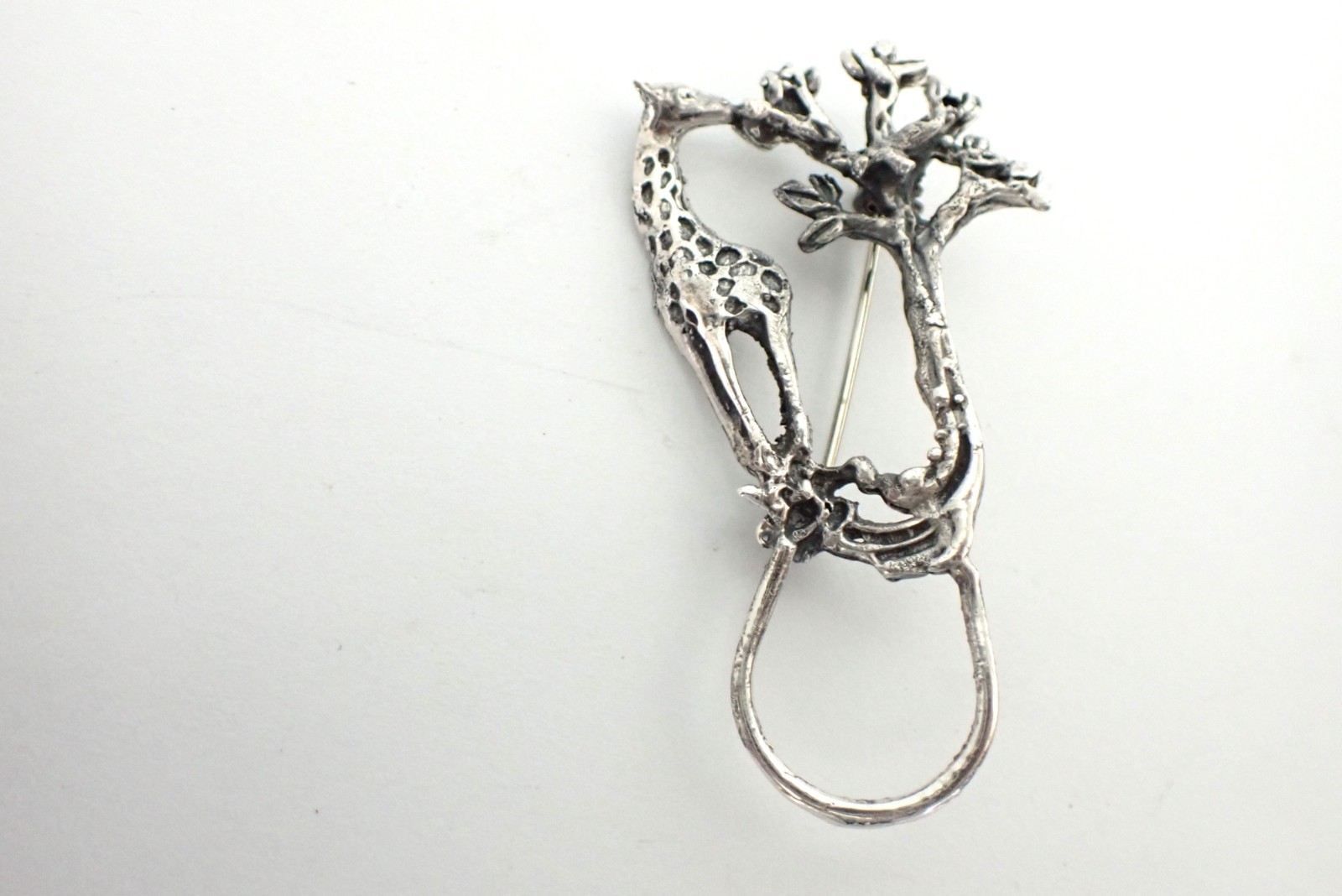 Vintage Sterling Silver Giraffe And Tree Brooch 925 Safari Animal