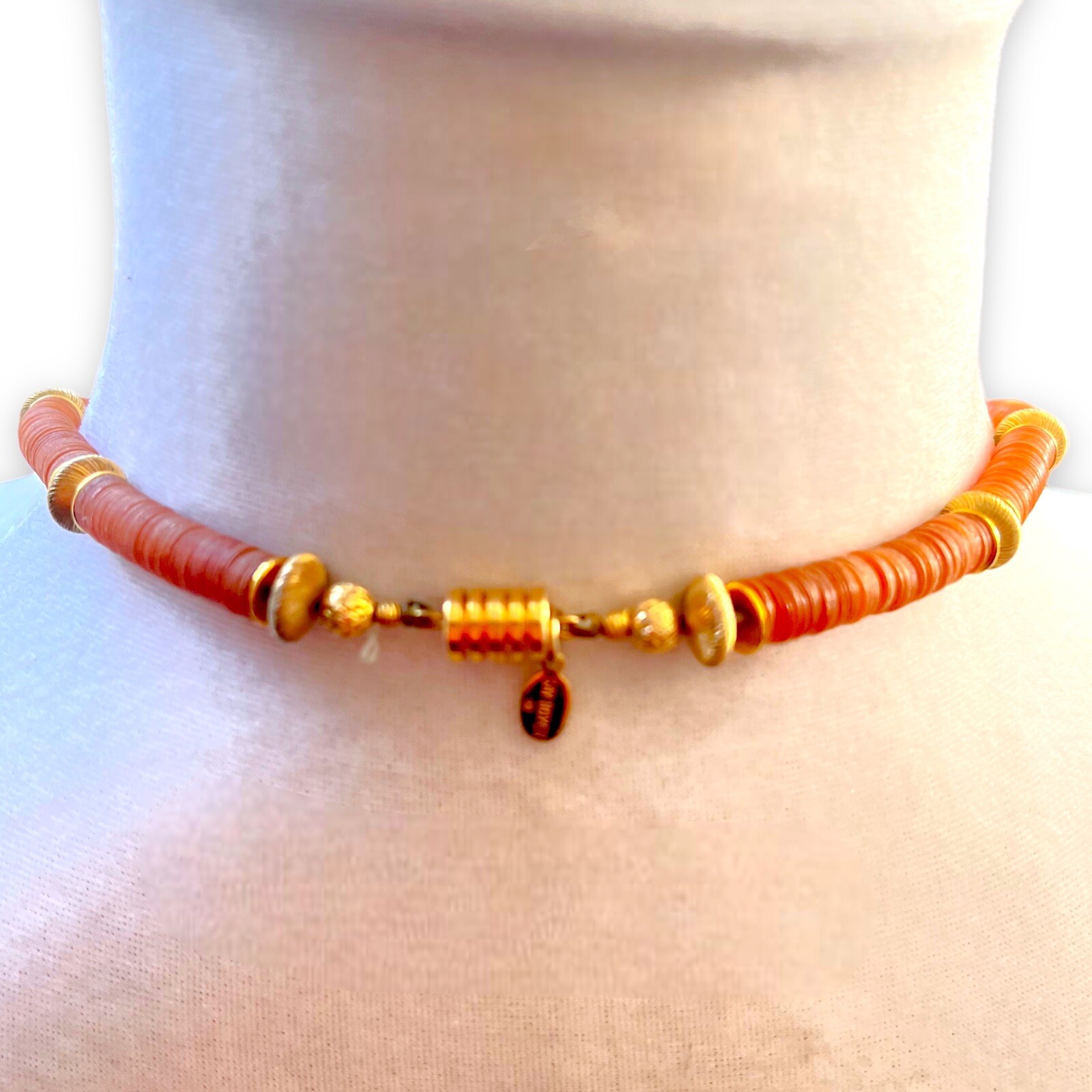 Gay Boyer Necklace Amber Lucite Gold Tone Bead 26″ Vintage Signed