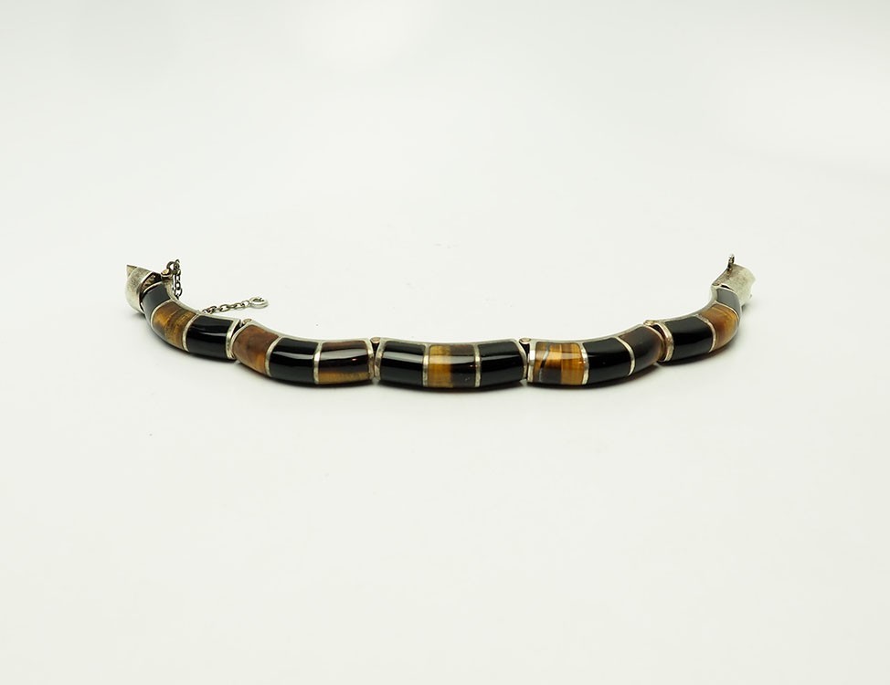 Vintage modern sterling silver tiger eye onyx gemstones inlaid bracelet Mexico