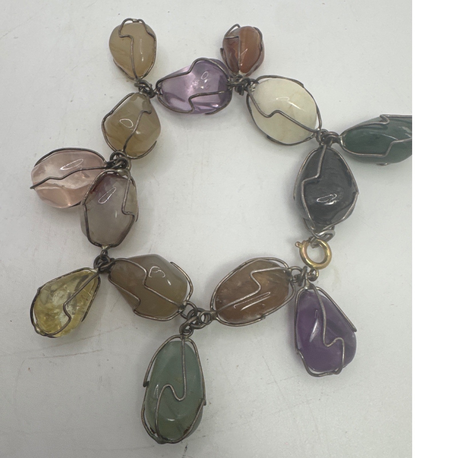 Vintage Wire Wrapped Tumbled Gemstone Charm Bracelet Multi Color Boho 7.25 In