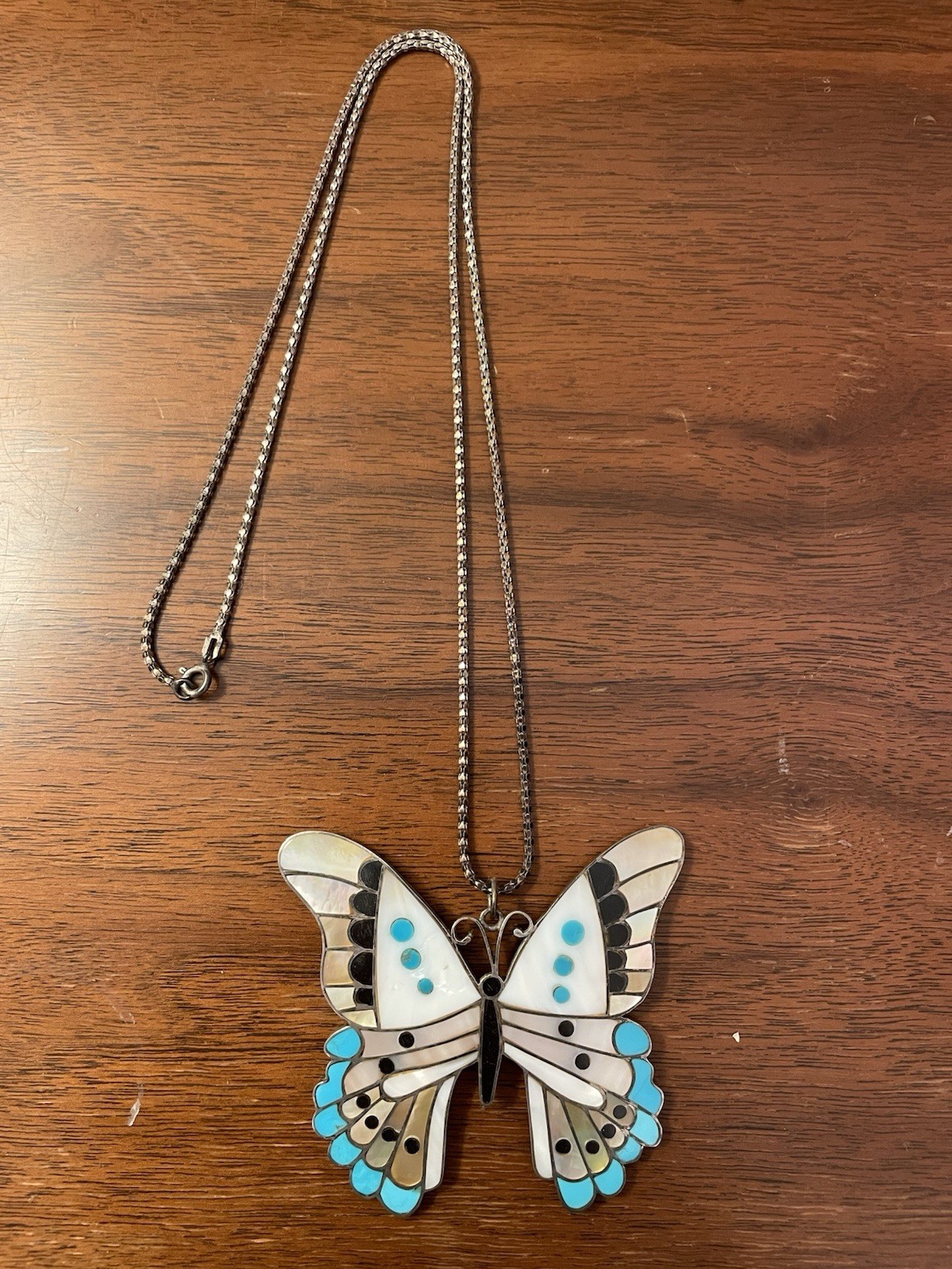 Vintage Sterling Silver Large Butterfly Inlay Turquoise Pendant & Necklace