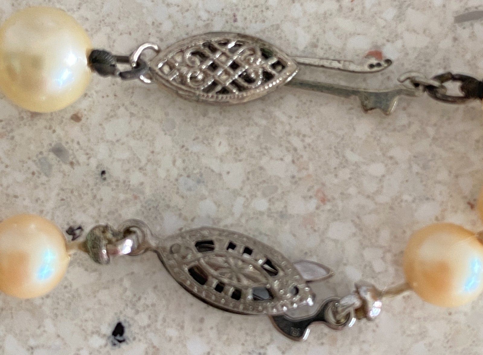 Lot of 2 Vintage Glass Faux Pearl Necklace Strand 21″ & 24″ Filigree Clasp