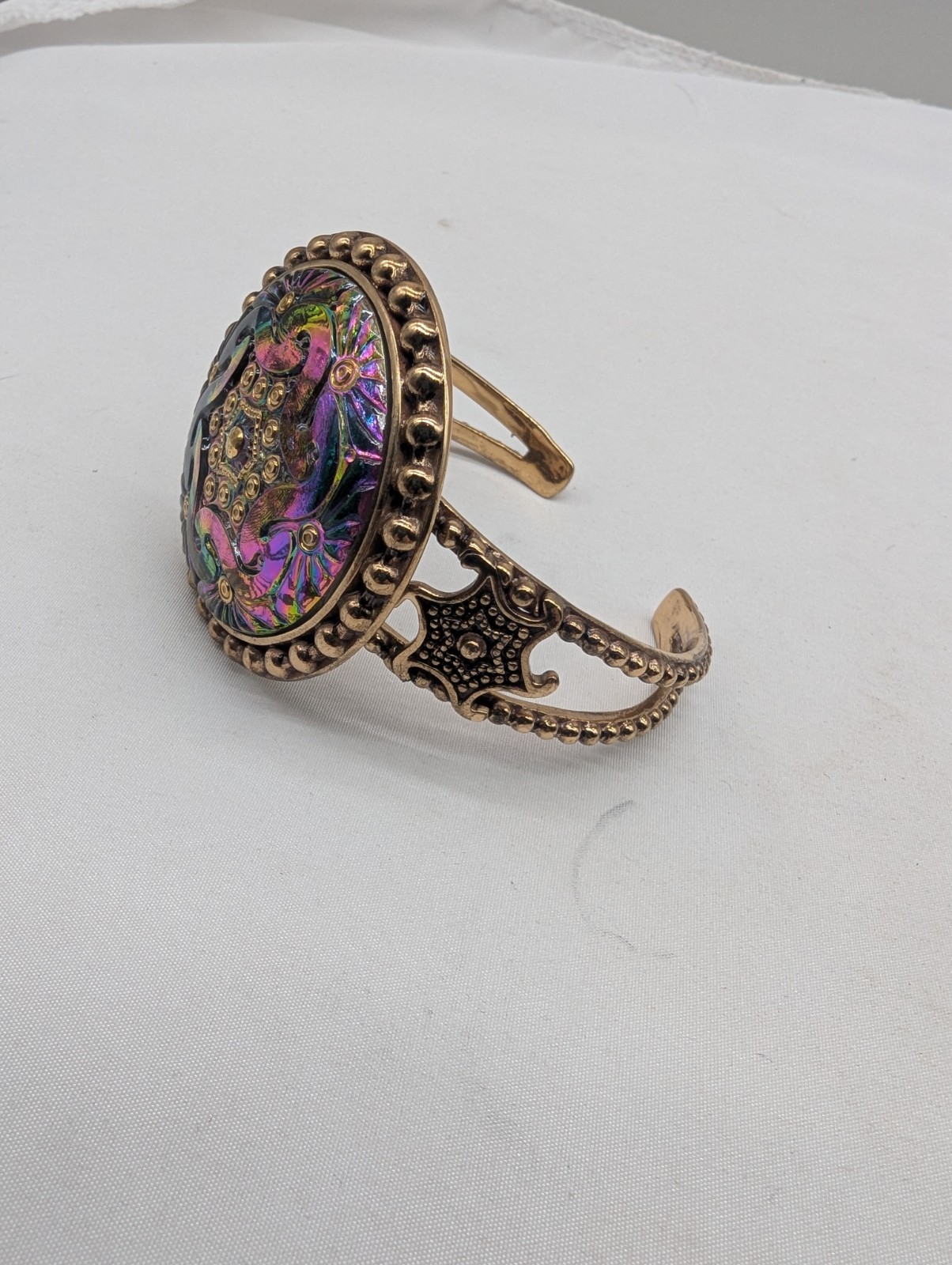 Huge Amy Kahn Russell Bronze Iridescent Art Glass Cuff Bracelet Sz 7.5