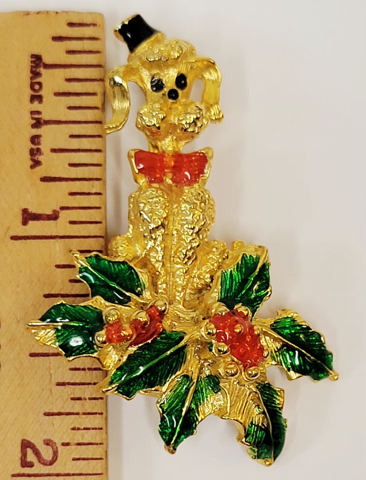 Vintage 1950’s Gold-Tone Christmas Poddle Brooch With Enamel Approximately 2″