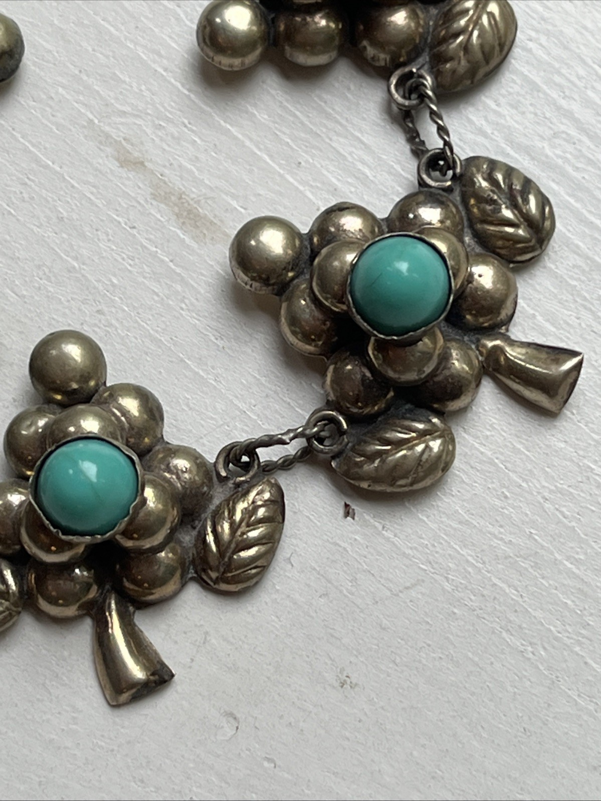 Vintage Mexico Sterling? Turquoise Blue Cabochon 5 Grape Clusters Bracelet 7 “