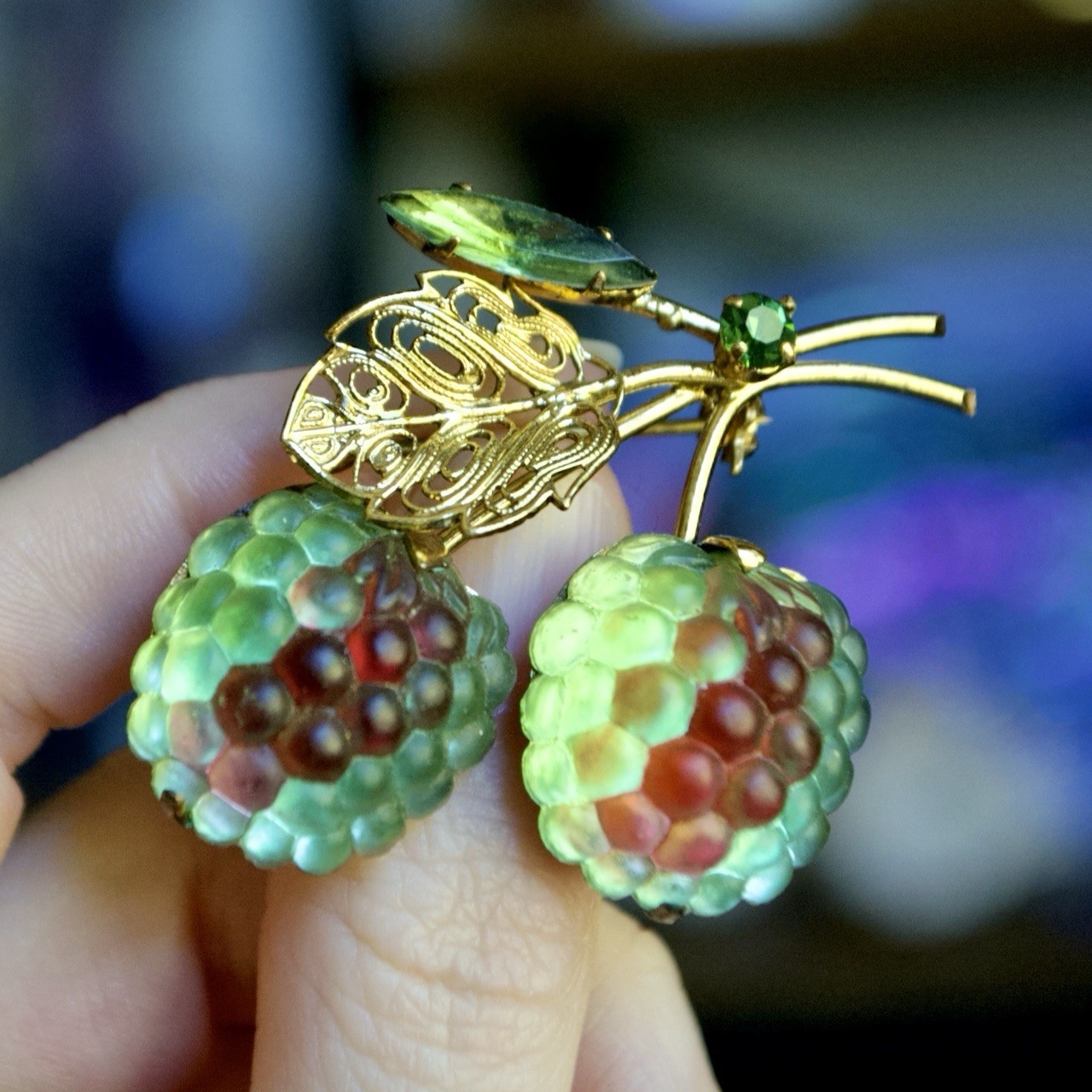 Vintage Austrian Gold Tone Green and Amethyst Bicolor Berry Brooch