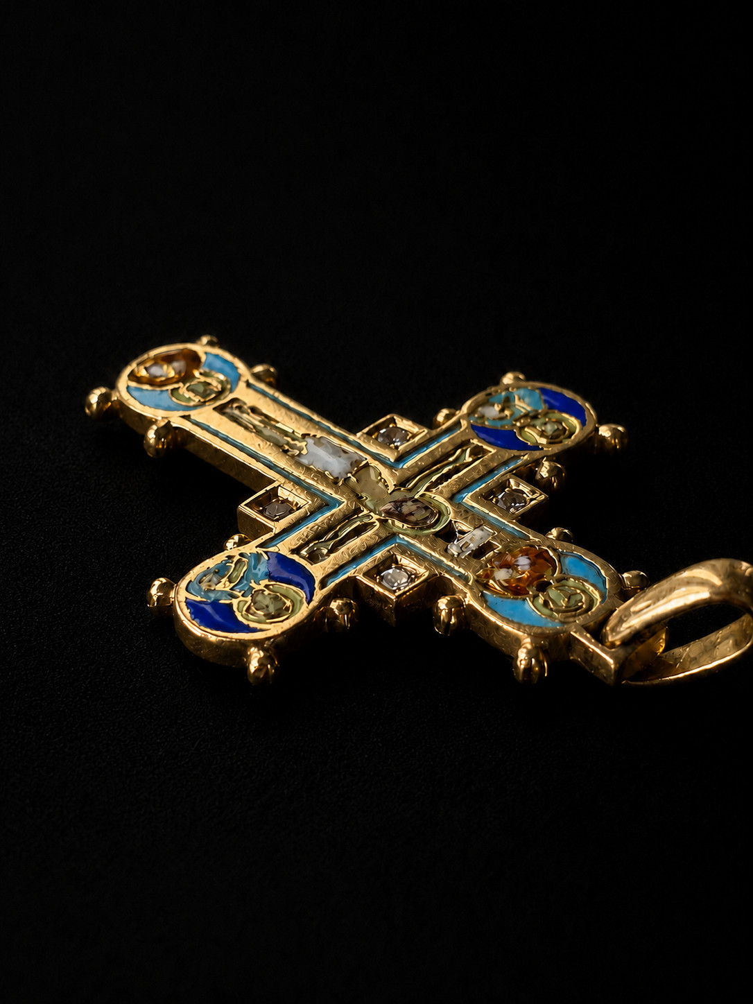 Antique Byzantine Revival Cross Pendant 18K Gold Enamel 4 Diamond Rare Religious
