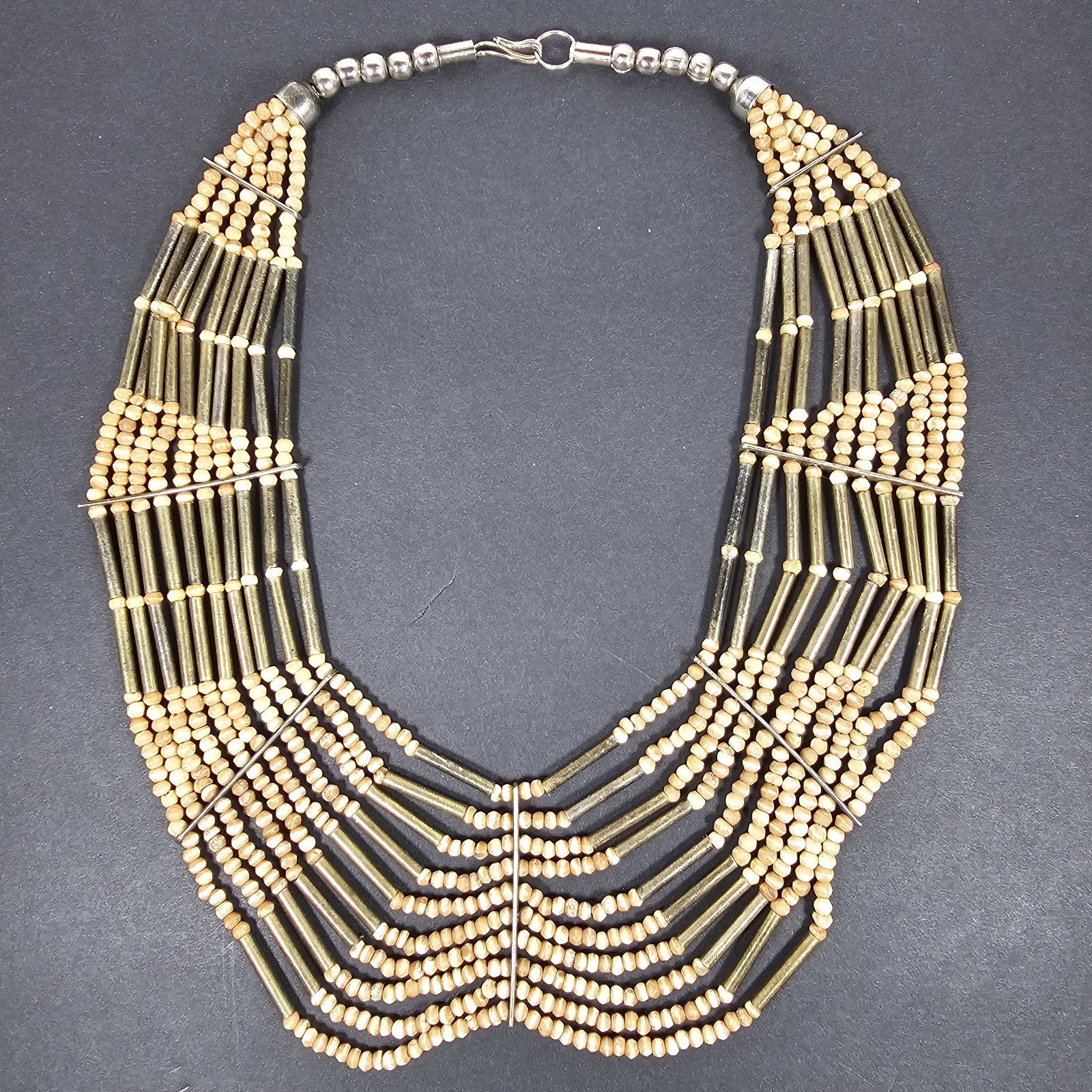 BOHO Tribal Multistrand Necklace Bead and Brass Silver Tone Chain & Clasp 21″
