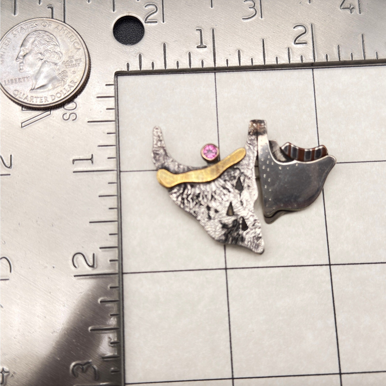 Vintage Modernist Abstract 14K Gold Sterling Silver Mixed Metal Pin Brooch