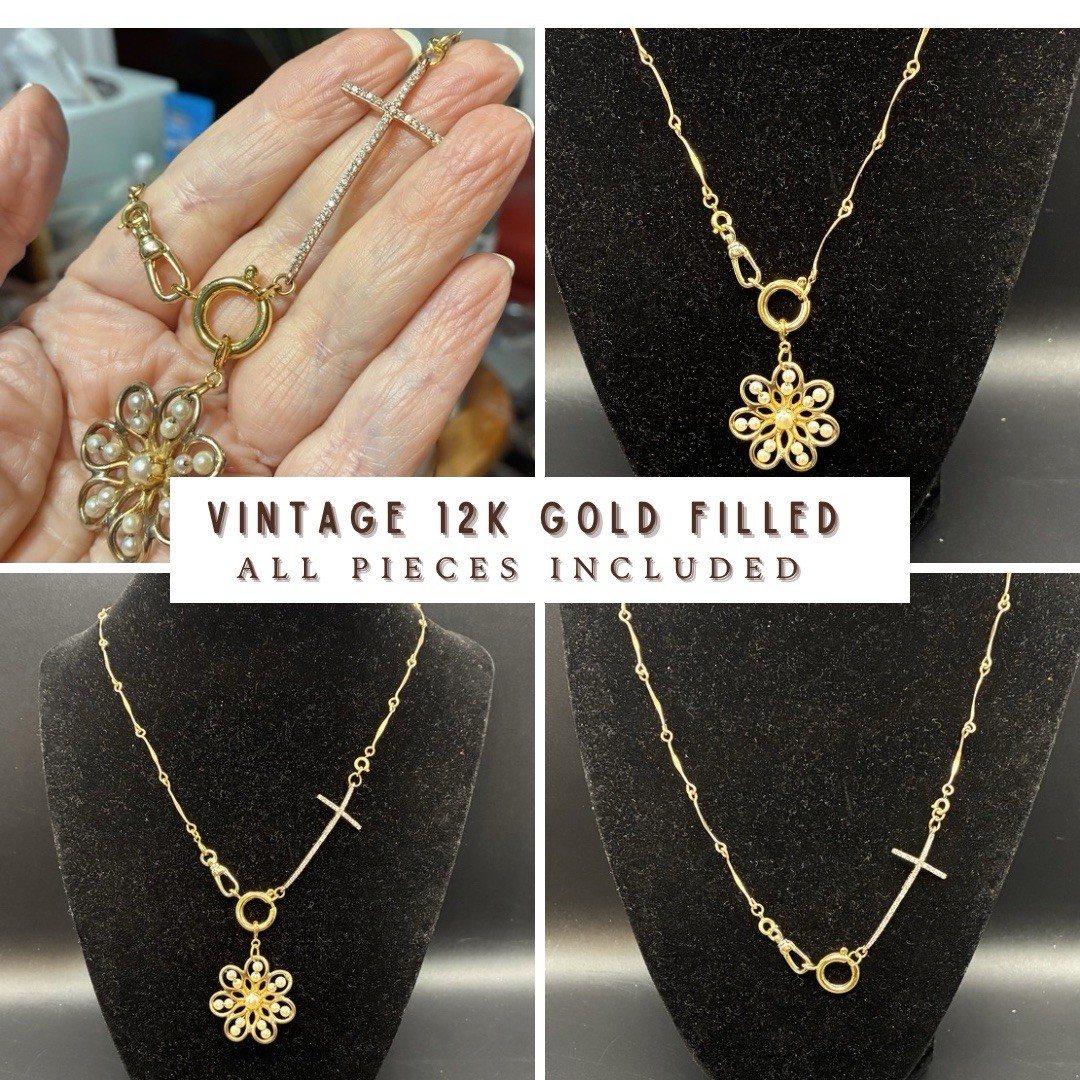Vintage 12k Gold Filled Pocket Watch Chain FOB, Dog Clip, Cross & Pearl Charms