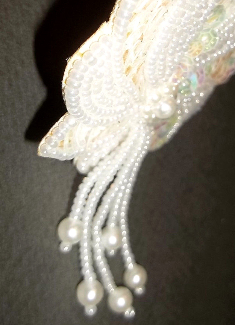 WHITE GLASS BEAD & SEQUIN BROOCH/ PIN-,pearlized seed beads ,satin back