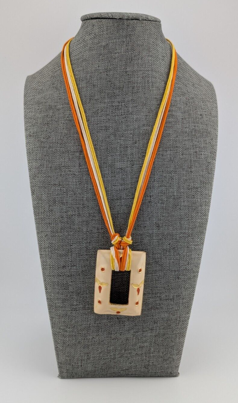 Vintage Gold Tone Fabric String Rectangle Cream Orange Enamel Pendant Necklace